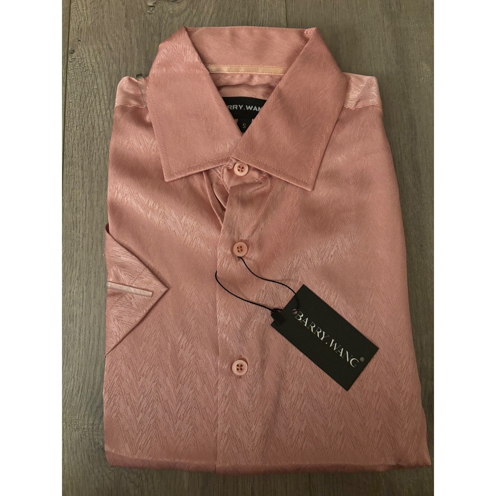 Barry Wang Mens Pink Silk Like Jacquard Short Sleeve Button Down Shirt Size S